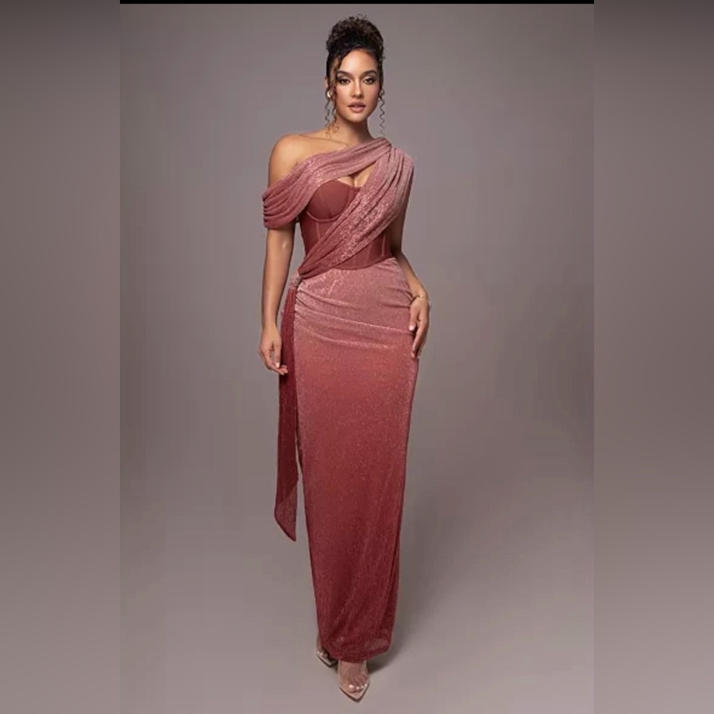 RED CELESTINA DRAPED MAXI DRESS Elegant Off-Shoulder Burgundy Dress - Picture 3 of 6